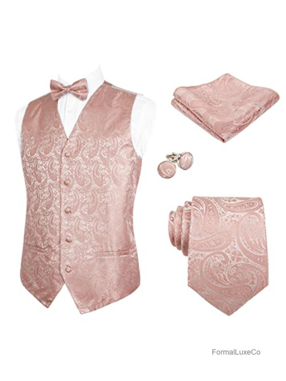 Mens 5pc Paisley Vest Tie Bow Tie Pocket Square Cufflinks Formal Suit Set